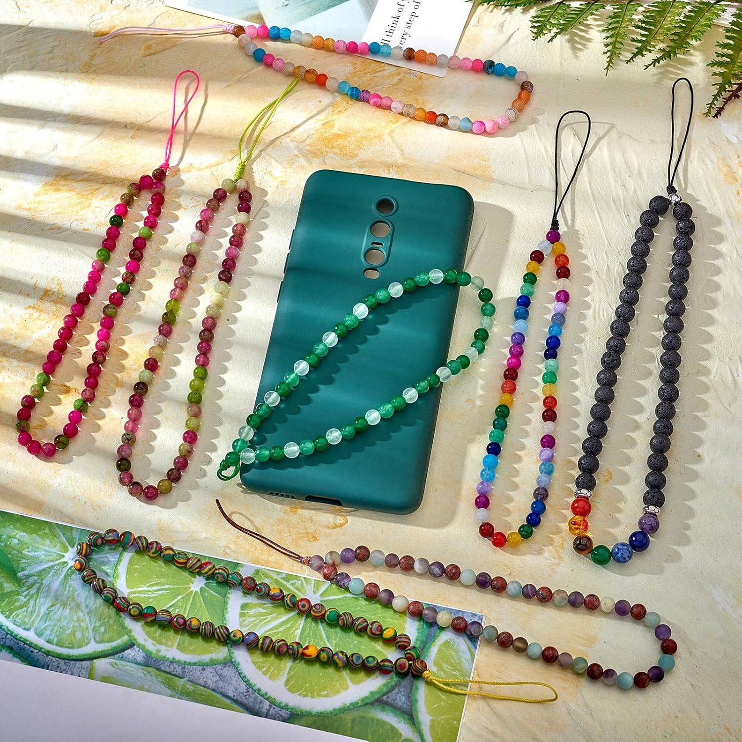 Natural Stone Phone Lanyard Wrist Straps Weathered Agate Gemstone Beaded Phone C