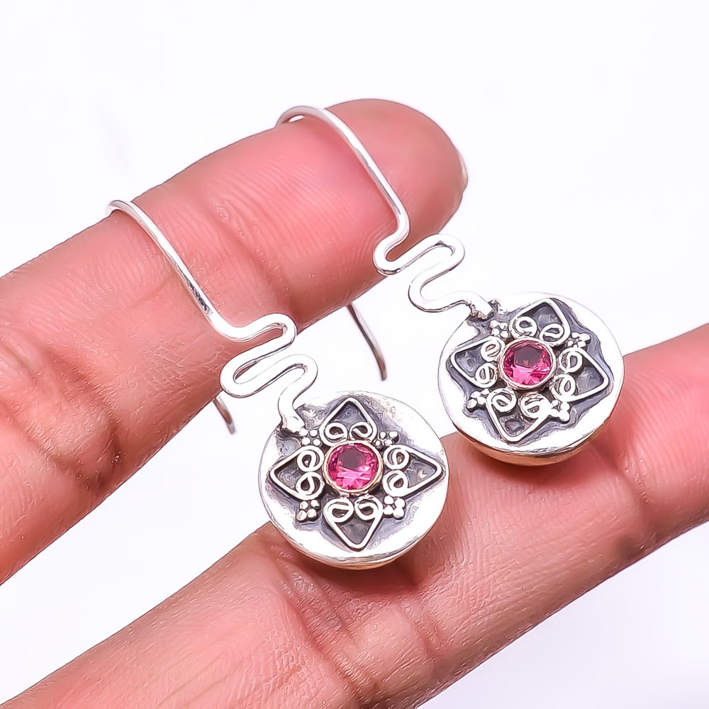 Ruby -Simulated -Simulated 925 Sterling Silver Two Tone Earring 1.56″