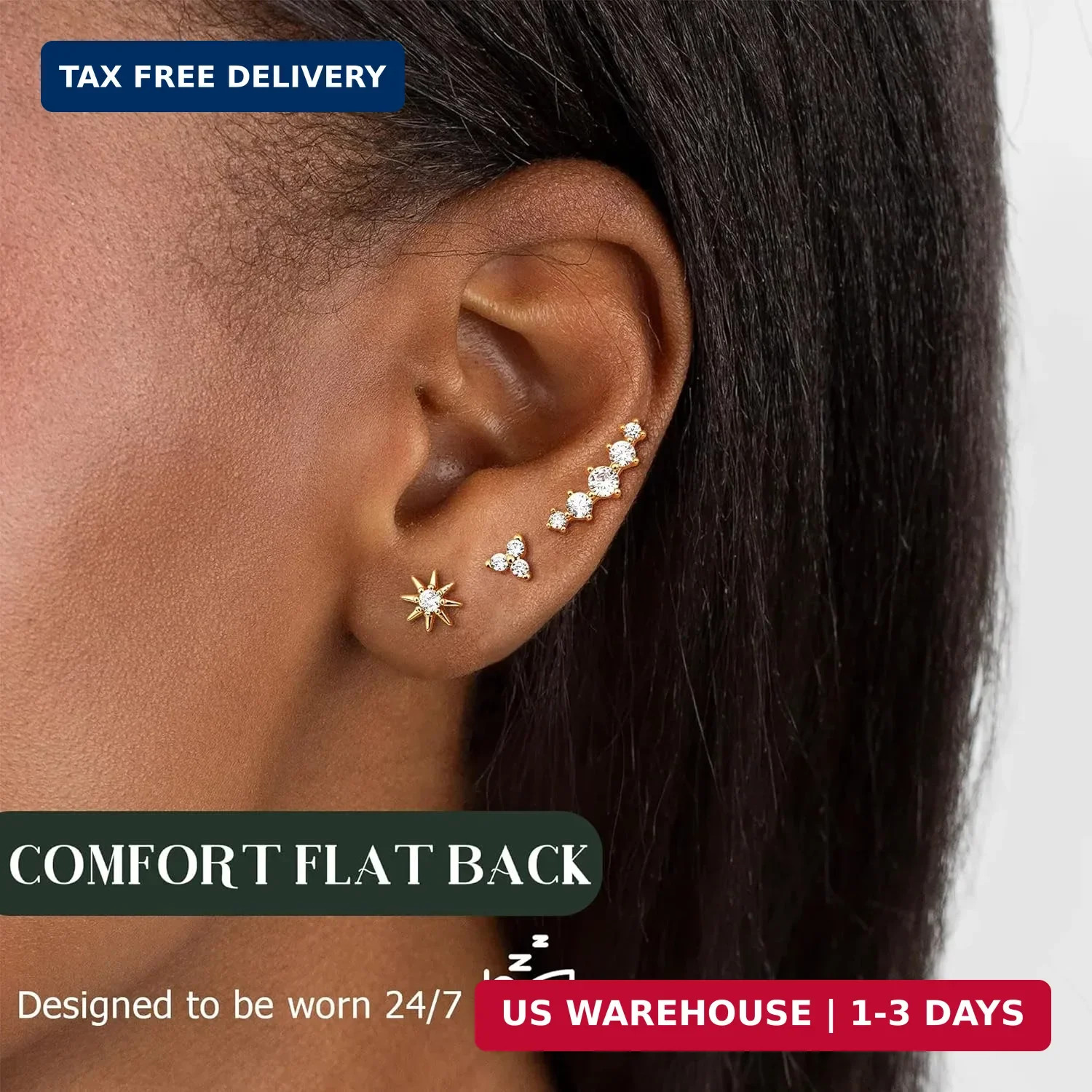 Dochais Flat Back Stud Earrings for Women and Men, Hypoallergenic 14k Gold Plate
