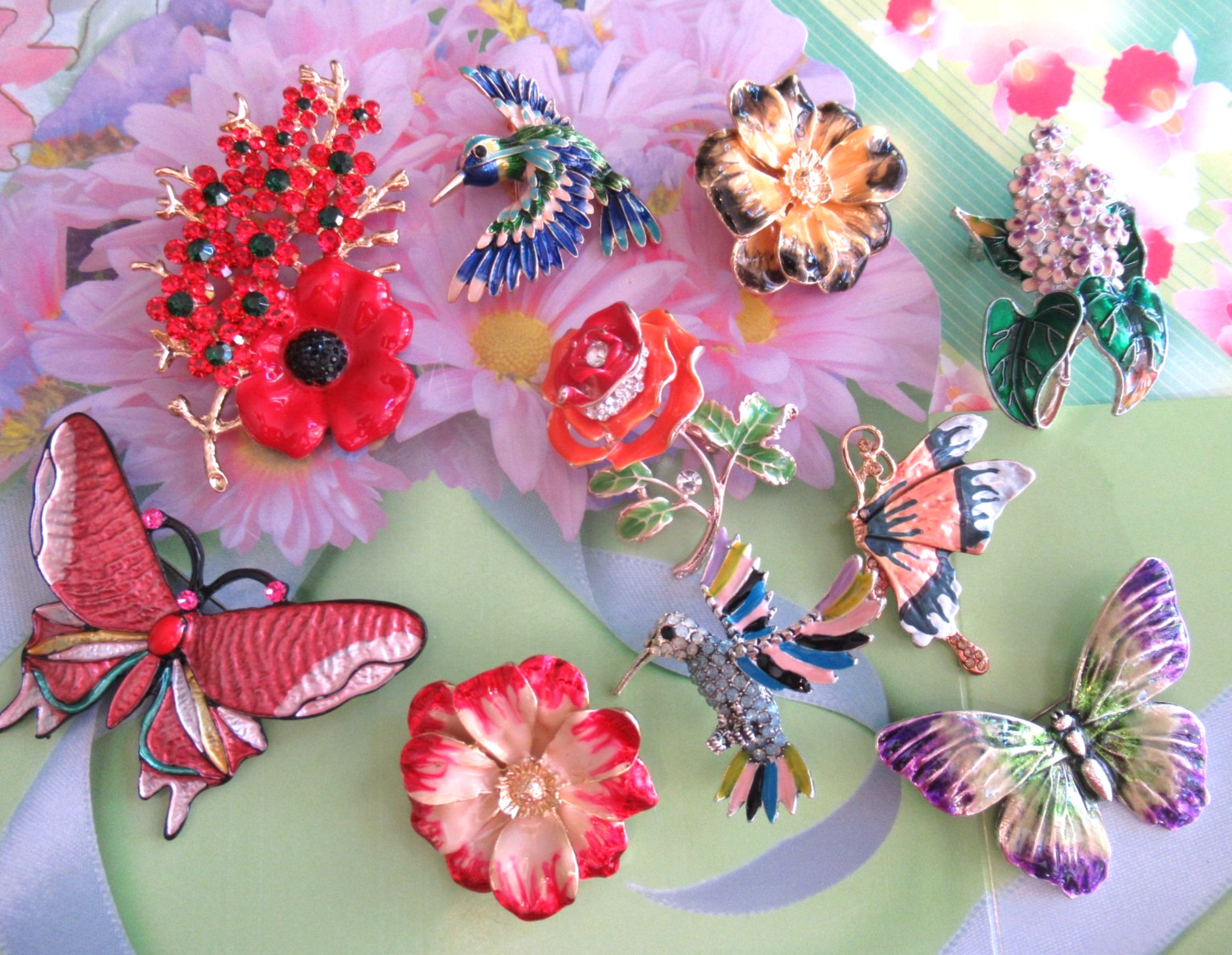 Lovely FLOWERS BIRDS & BUTTERFLIES Collection Crystal Enamel Brooch Lot 10 pcs