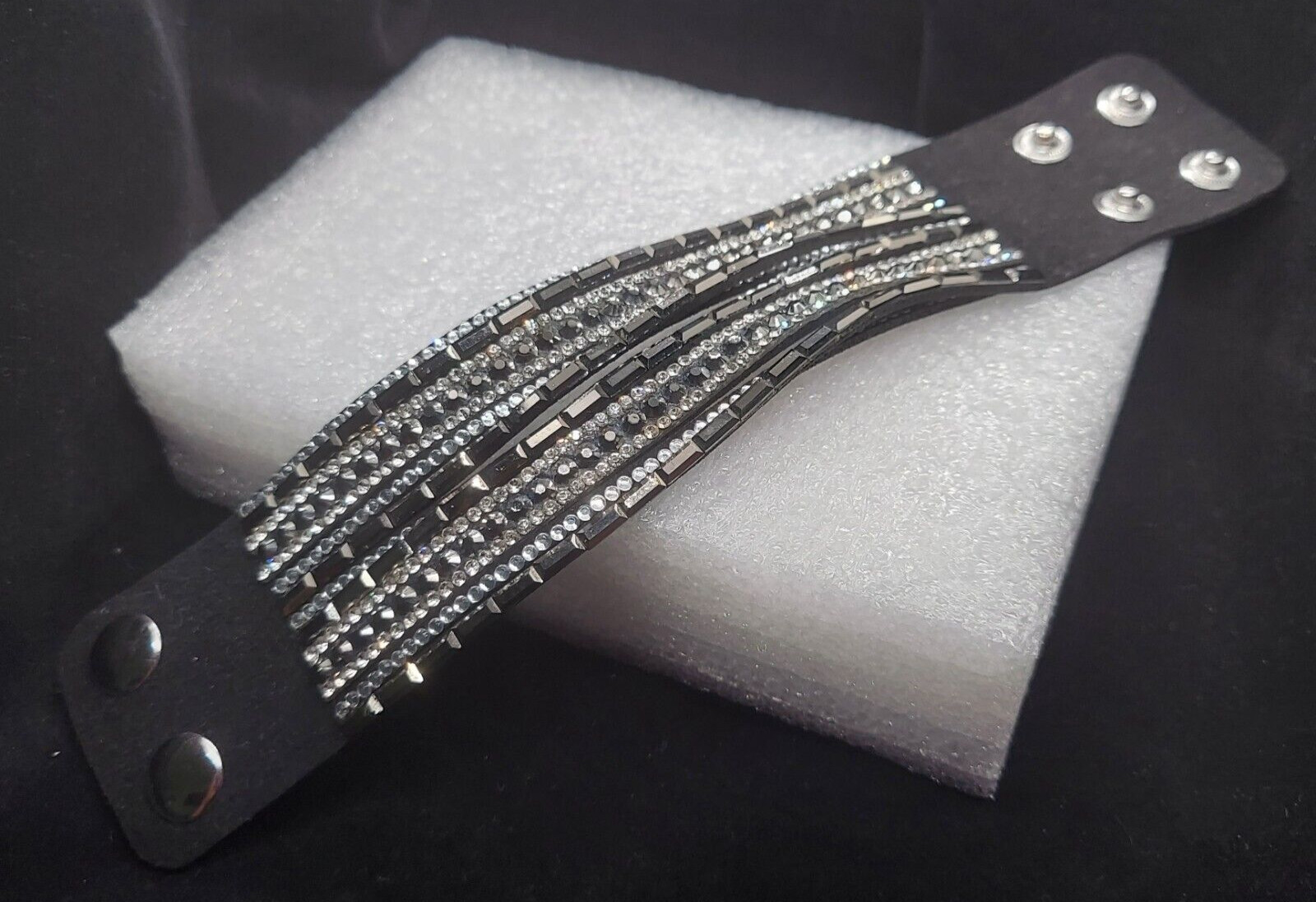 BLINGY Soft Pleather Snap Bracelet Black and Silver Rhinestone 7-8 in
