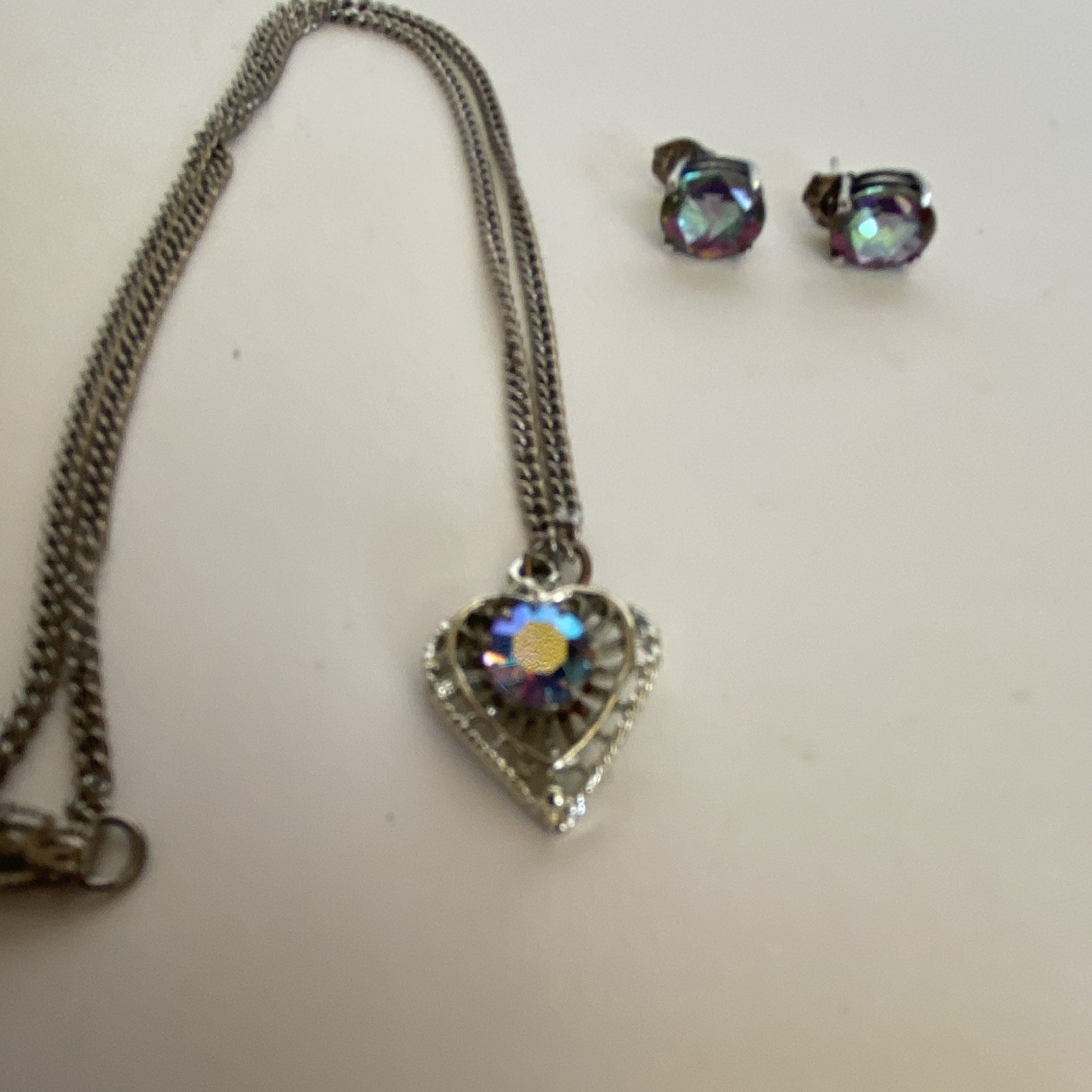 Multicolor Heart Crystal Rhinestone Jewelry Set Necklace & Stud Earrings Silver