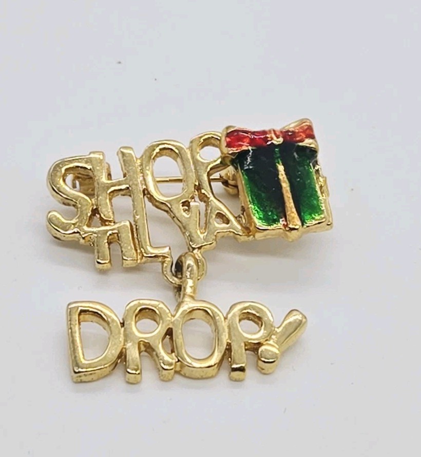 Shop Till you Drop Charm Brooch Gold Tone Enamel Holiday Christmas Pin Jewelry
