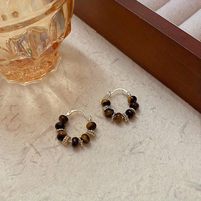 1 Pair Vintage Tiger Eye Stone Hoop Earrings Elegant Ear Clips Statement Jewelry