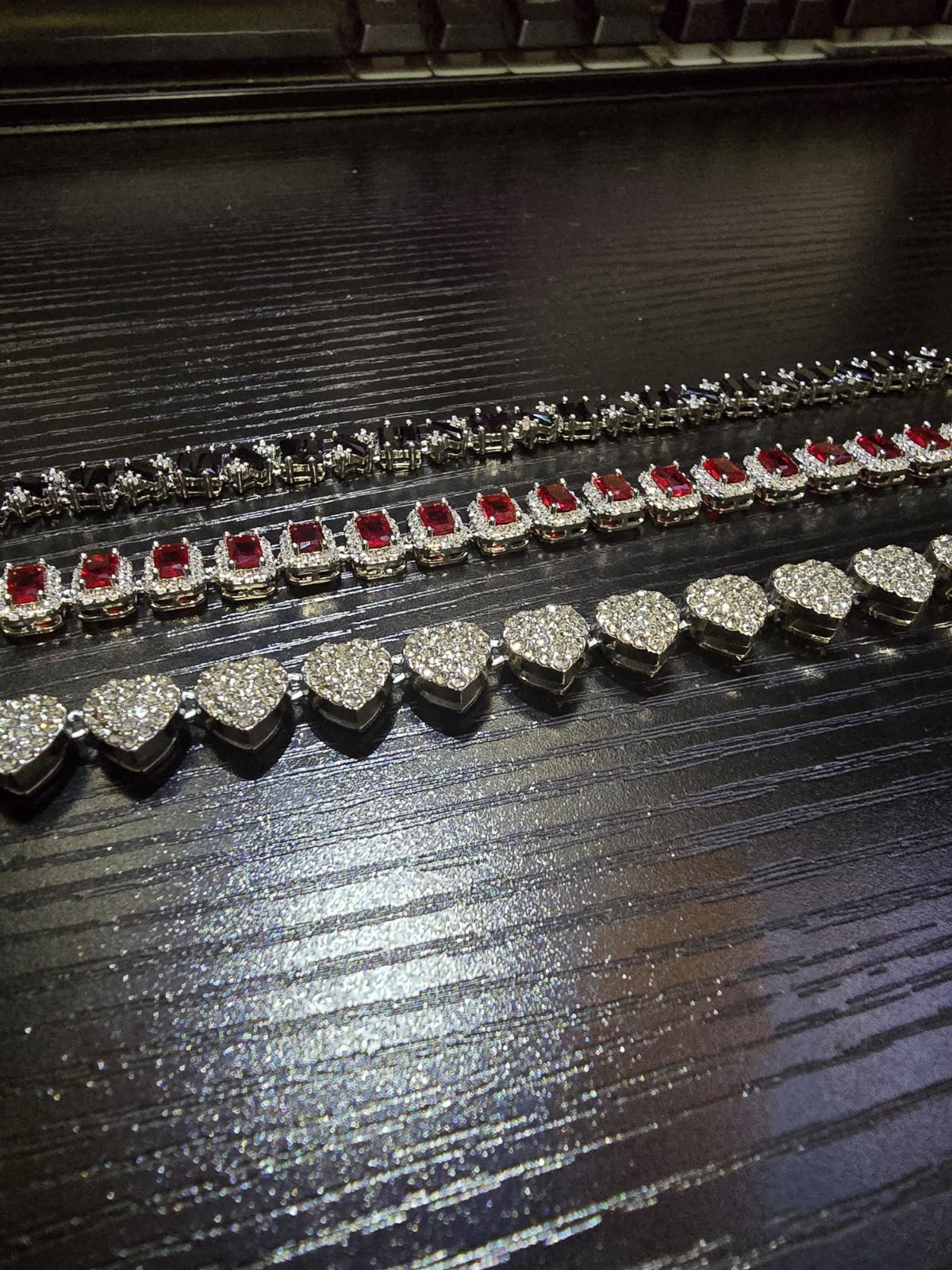 Silver Tone Tennis & Charm Bracelets Red Black Hearts Combo 8in braclet set
