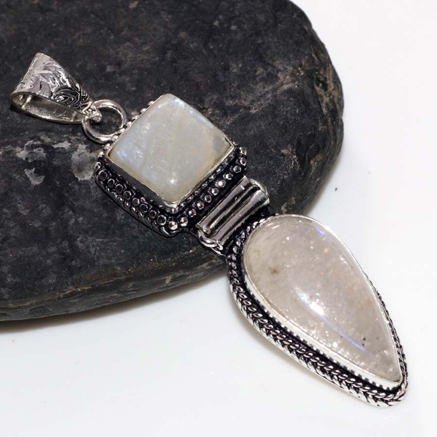 925 Silver Plated Long Sri-Lankan Moonstone Pendant 2.2″ Fashion Gifts Trendy MJ