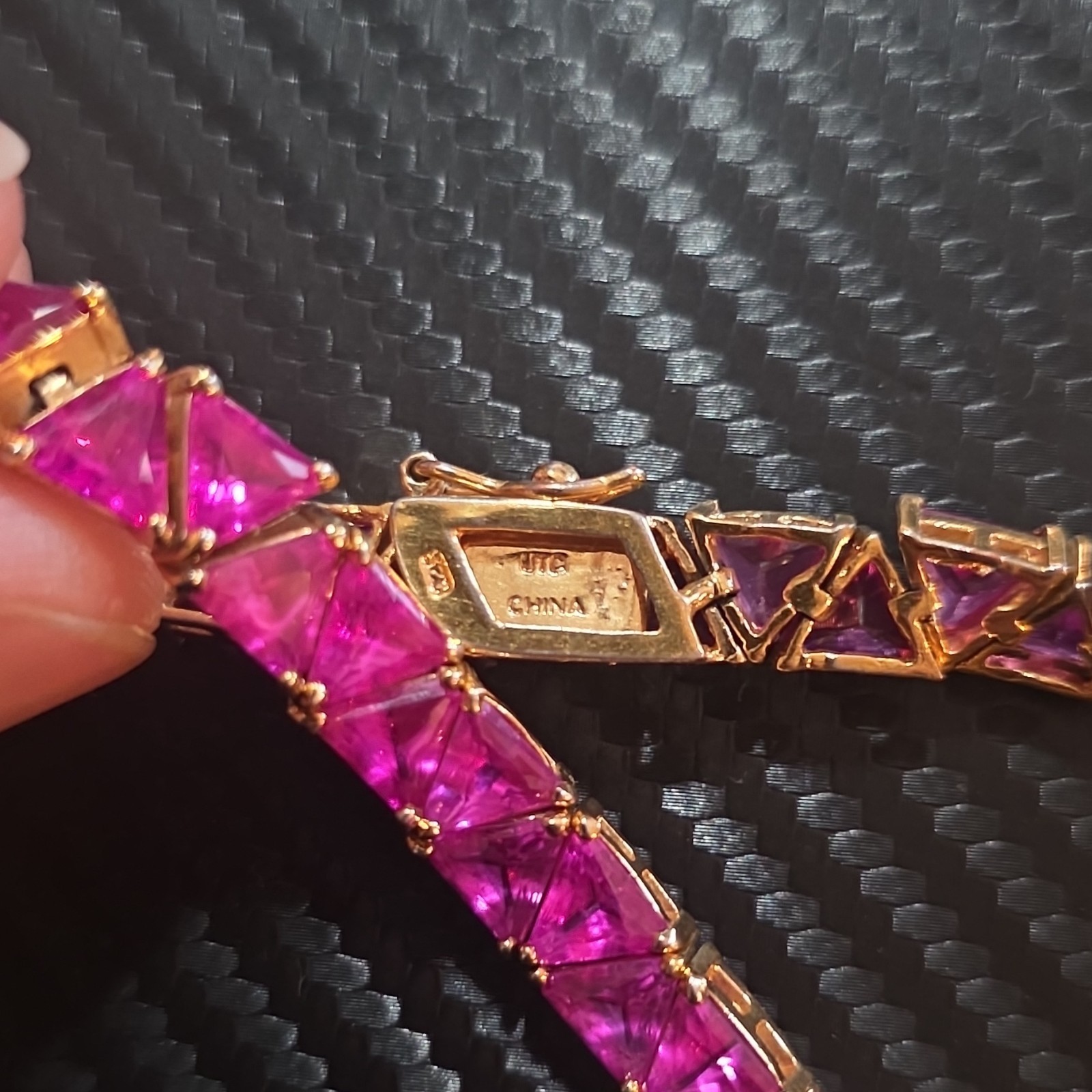 Gold Tone Pink Trillion Sim Crystal Rhinestone Tennis Bar Link Bracelet Box