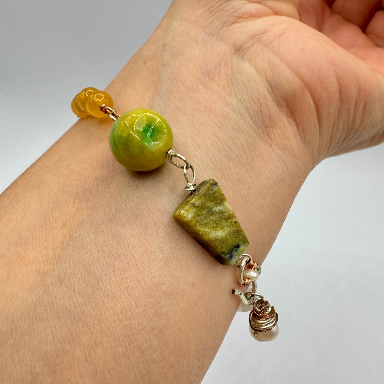 Handmade Gemstone Bead Wirework Bracelet Colorful Mixed Metal 6 3/4” Rockhound