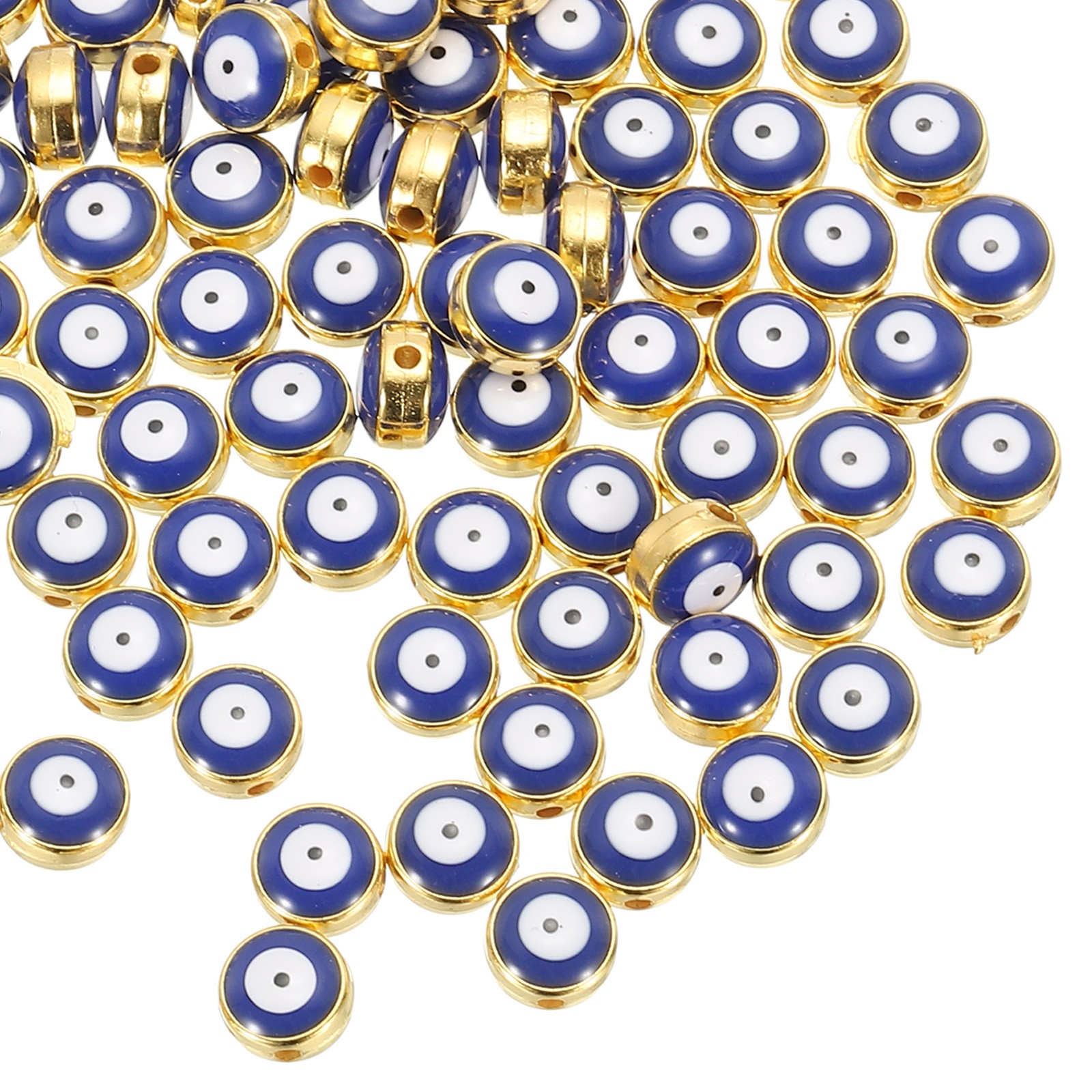 60 Pcs 8mm Flat Round Evil Eye Beads with Golden Edge, Blue