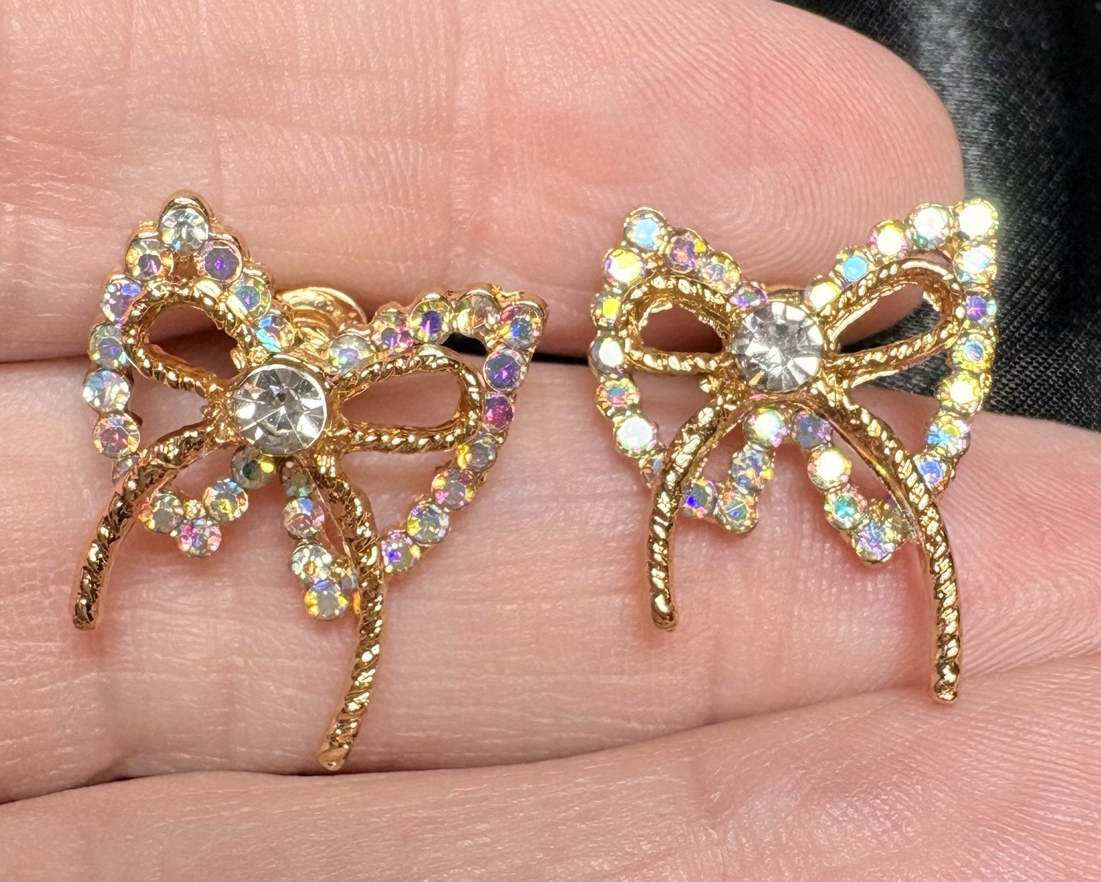 Gold Tone Bow Stud Earrings Iridescent Rainbow Rhinestone Crystal Statement NEW