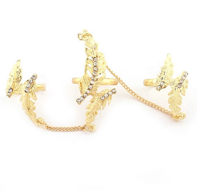 Gold Rhinestone Leaf Feather Slave Chain Link Flexible Joint Rings Gift Party AK