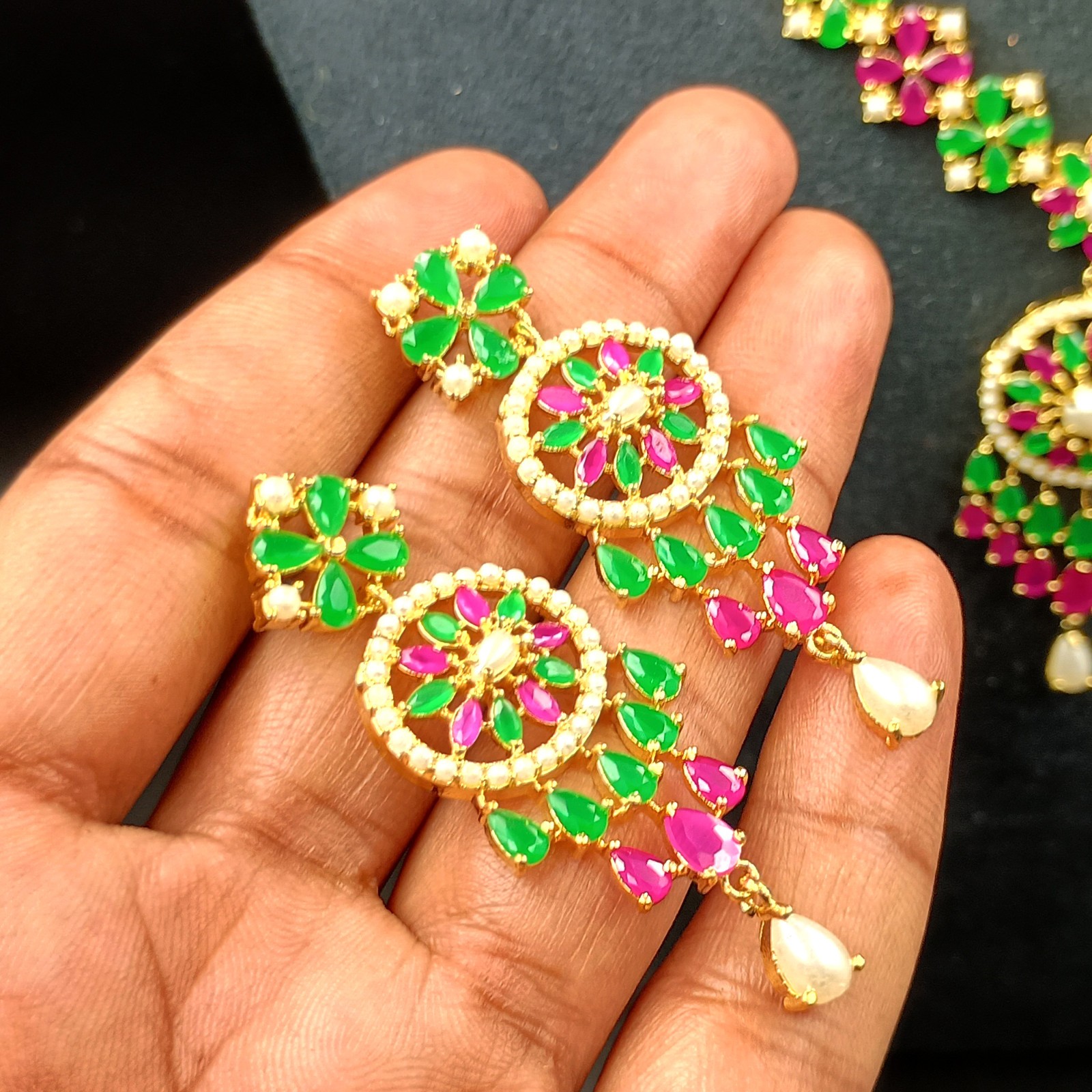 Royal Ruby Emerald Pearl Choker Set 22k Gold Plated Indian Temple Bridal Jewelry