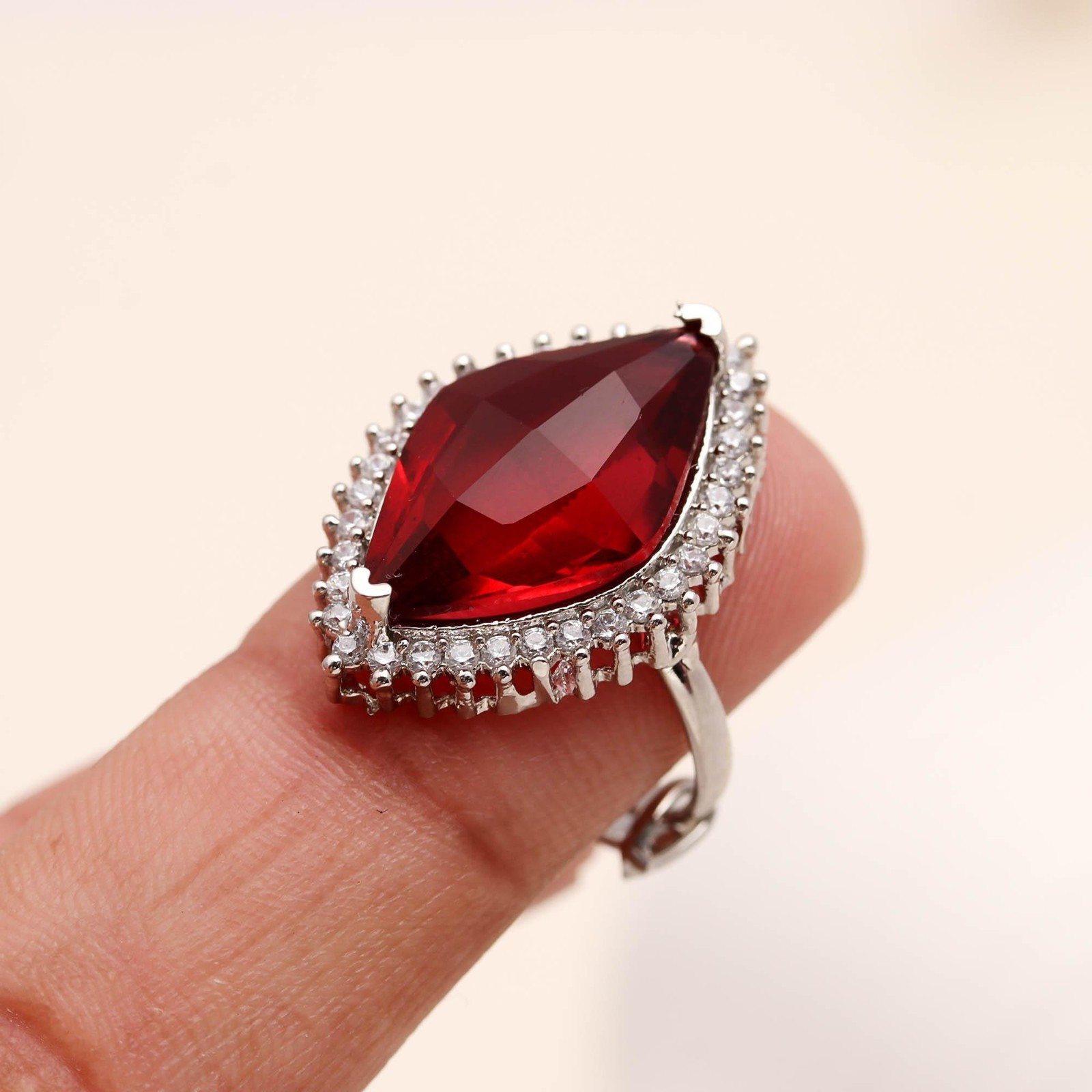 Brass Silver Plated Red CZ Marquise Stone RIng, Adjustable Halo Silver Ring