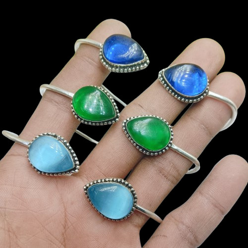 Monalisa Mix Gemstone 925 Sterling Silver Plated Jewelry Cuff Adjustable 3pc Set