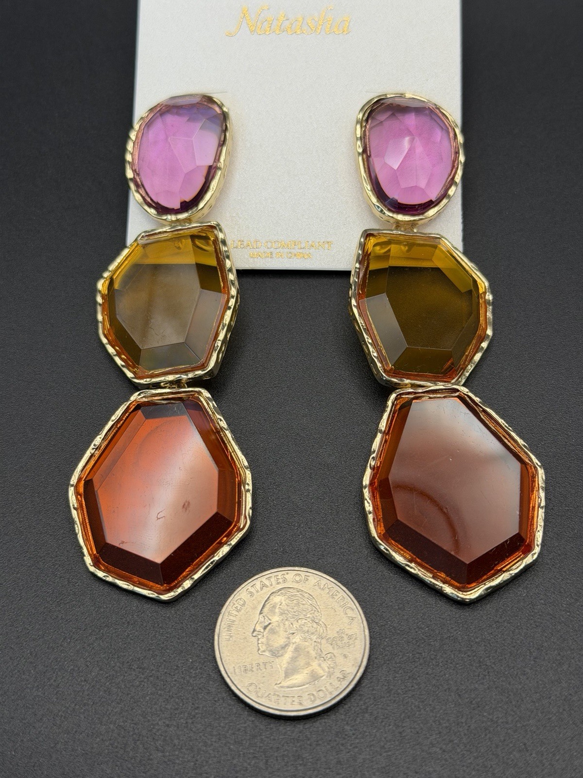Natasha 4 Inch Statement Chunky Gold-tone & Multi Color Drop Earrings