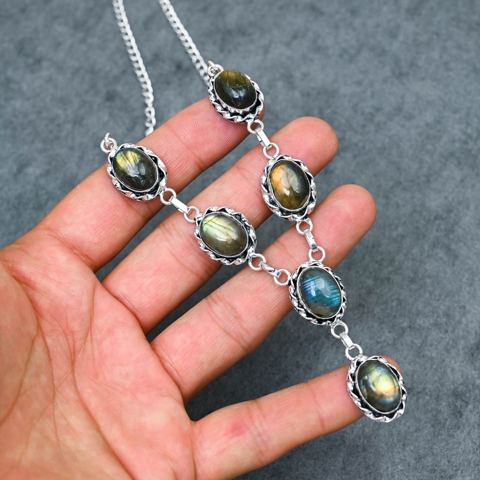 Silver Plated Labradorite Y-Necklace | Multi-Stone Milgrain Cabochon | Artisan