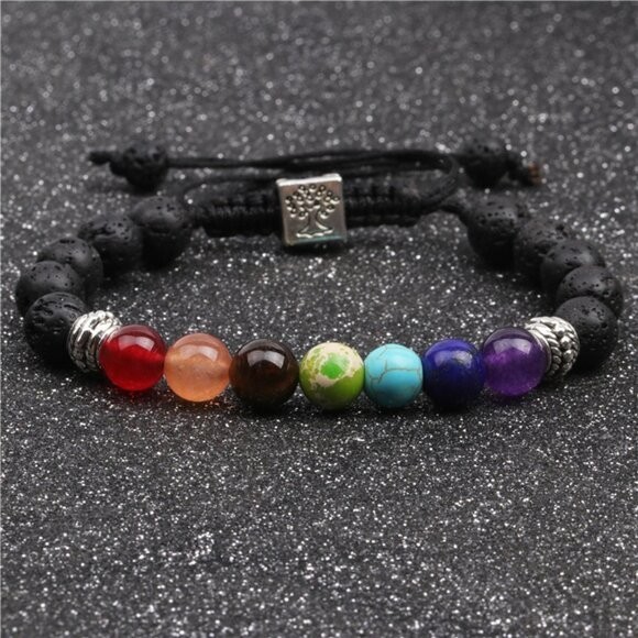 7 Chakra Lava Rock Bracelet Natural Stone Beads Yoga Healing Adjustable NWT