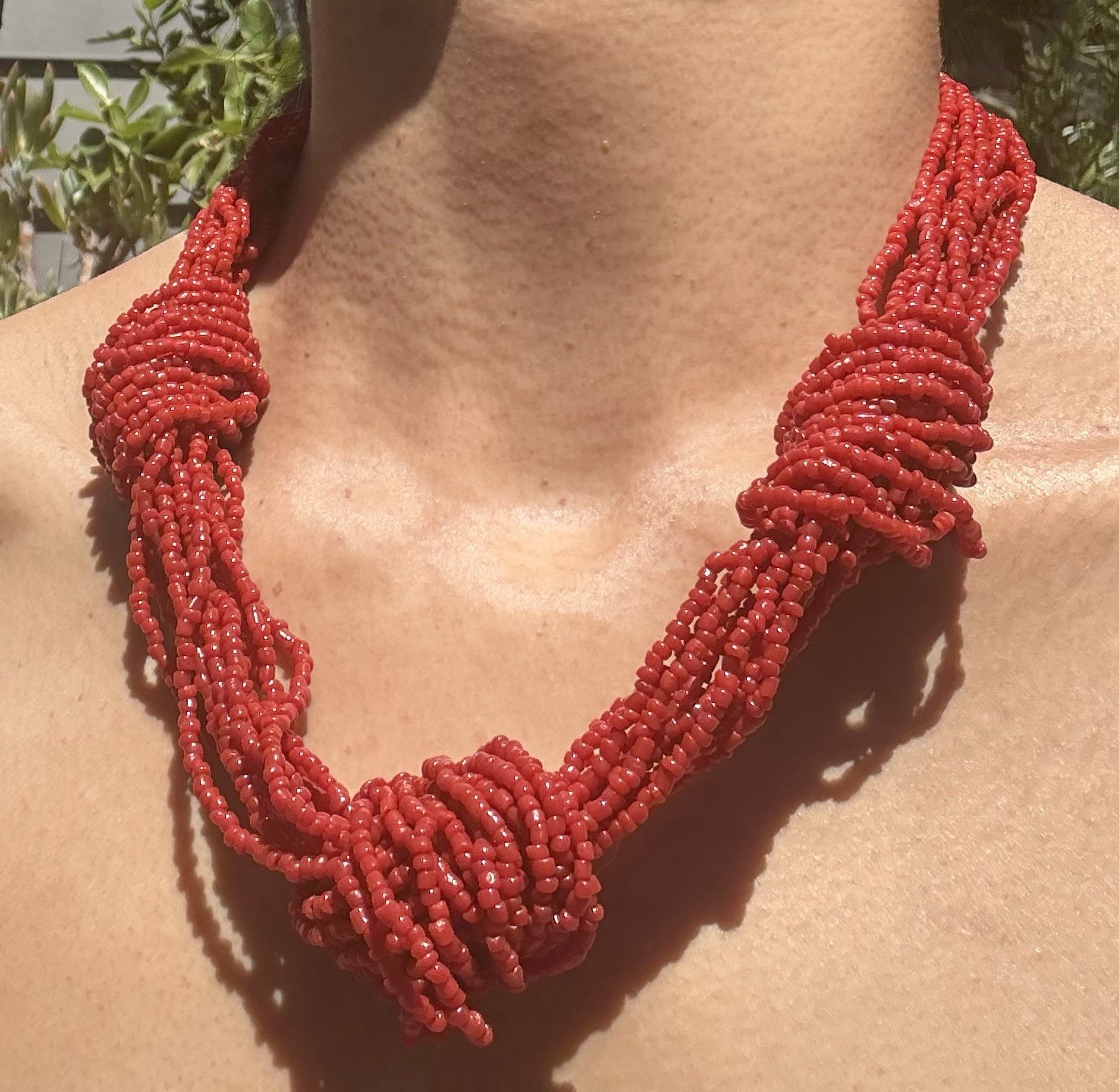 Red Multi-Strand Round Bead Statement Necklace with Knot Design, Hook