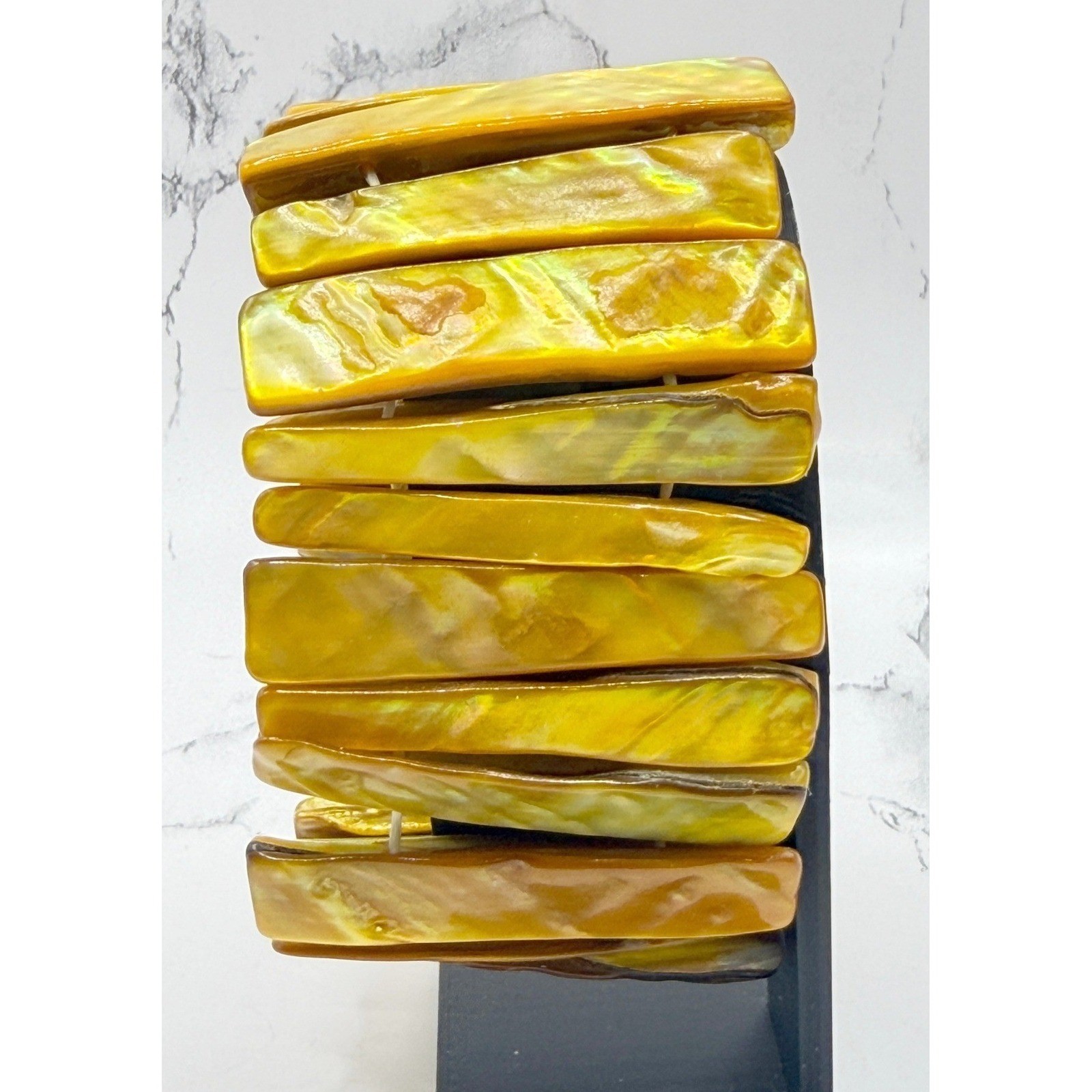 Wide 1.75″ Yellow Statement Bracelet Shell Composite Stretch Summer VIDEO