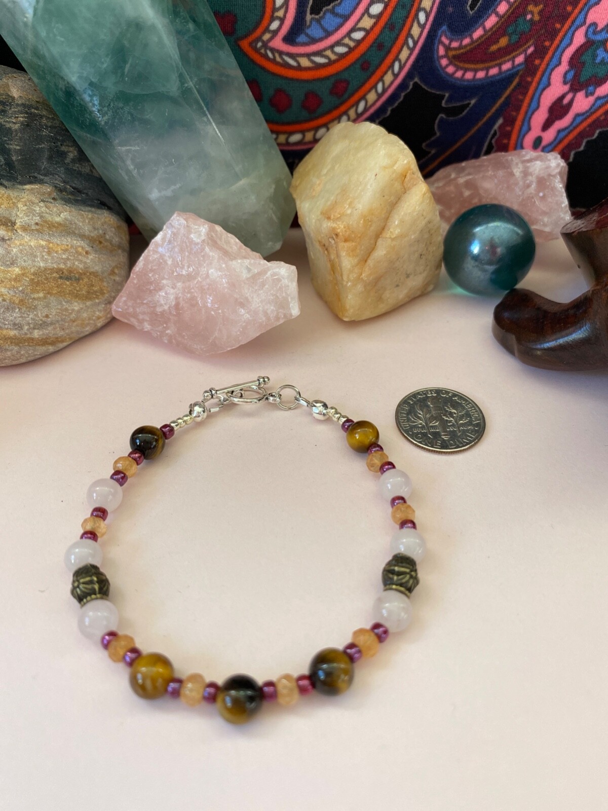 Women’s Tiger’s Eye & Rose Quartz Bracelet w/Jade. 6 in. Toggle Closure.