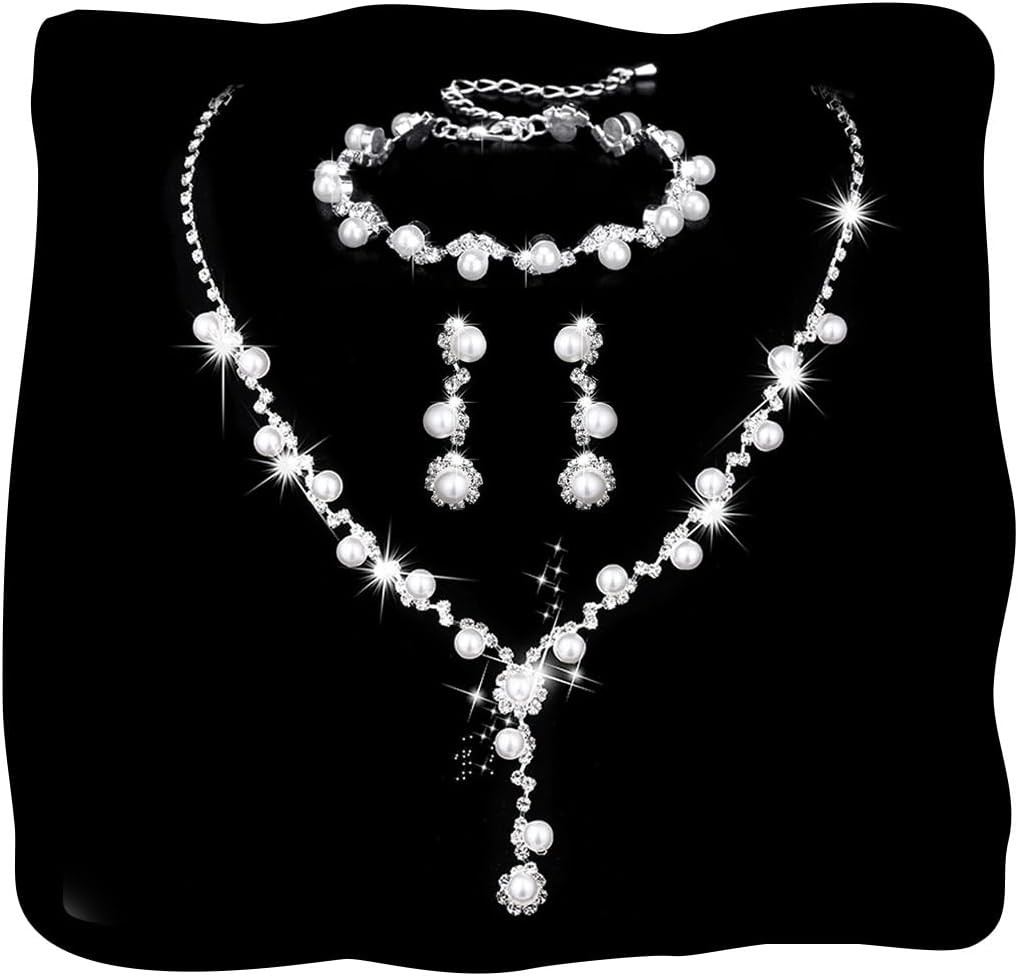 Silver Pearl Bridal Wedding Jewelry Set Rhinestone Necklace Earrings Bracelet Se