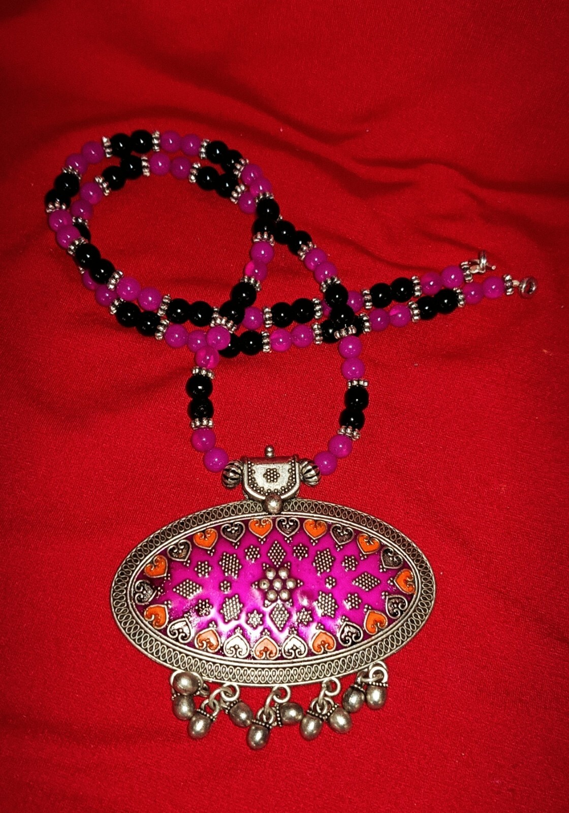 Black /Pink Beads single strand Pink Navratri jewelry Oxidized Silver Necklace