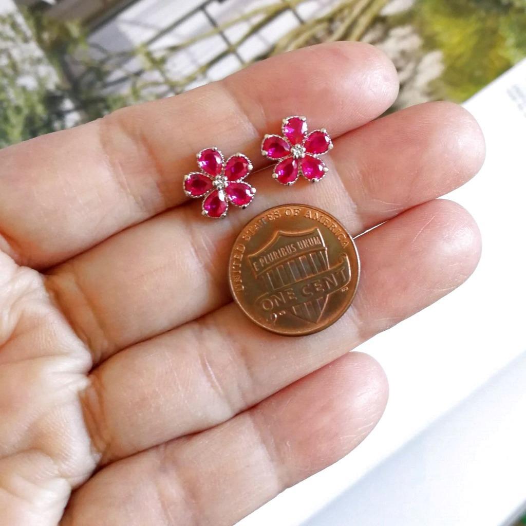 Sparkling Hot Pink Fuchsia CZ Flower Stud Earrings Rose Gold or Shiny Silver