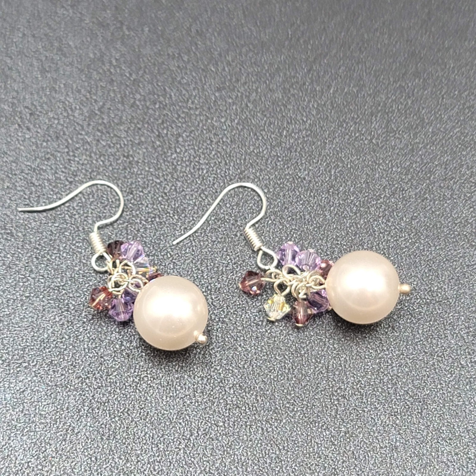 Pierced Earrings Purple Crystal Faux Pearl Beaded Dangle 1″