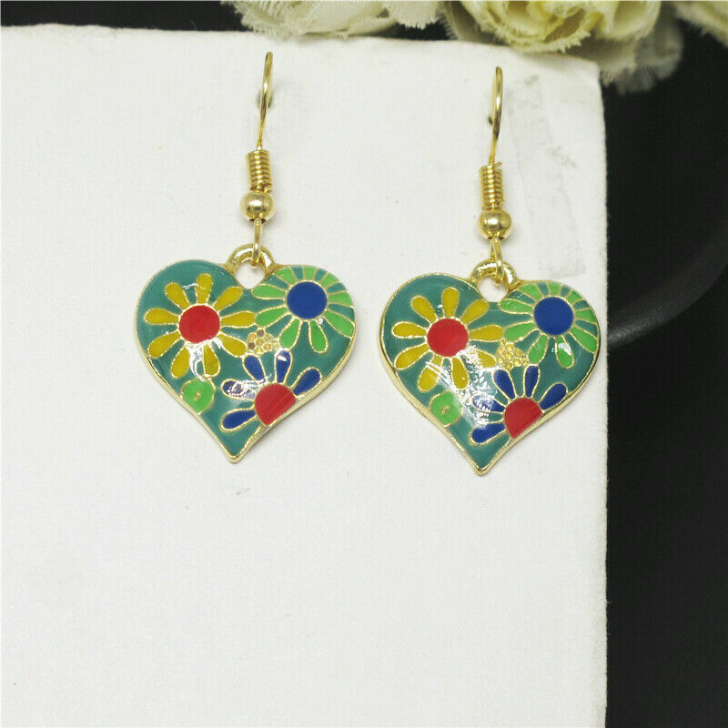 Cute Gold Green Multicolor Enamel Flower Heart Charm Hook Dangle Drop Earrings