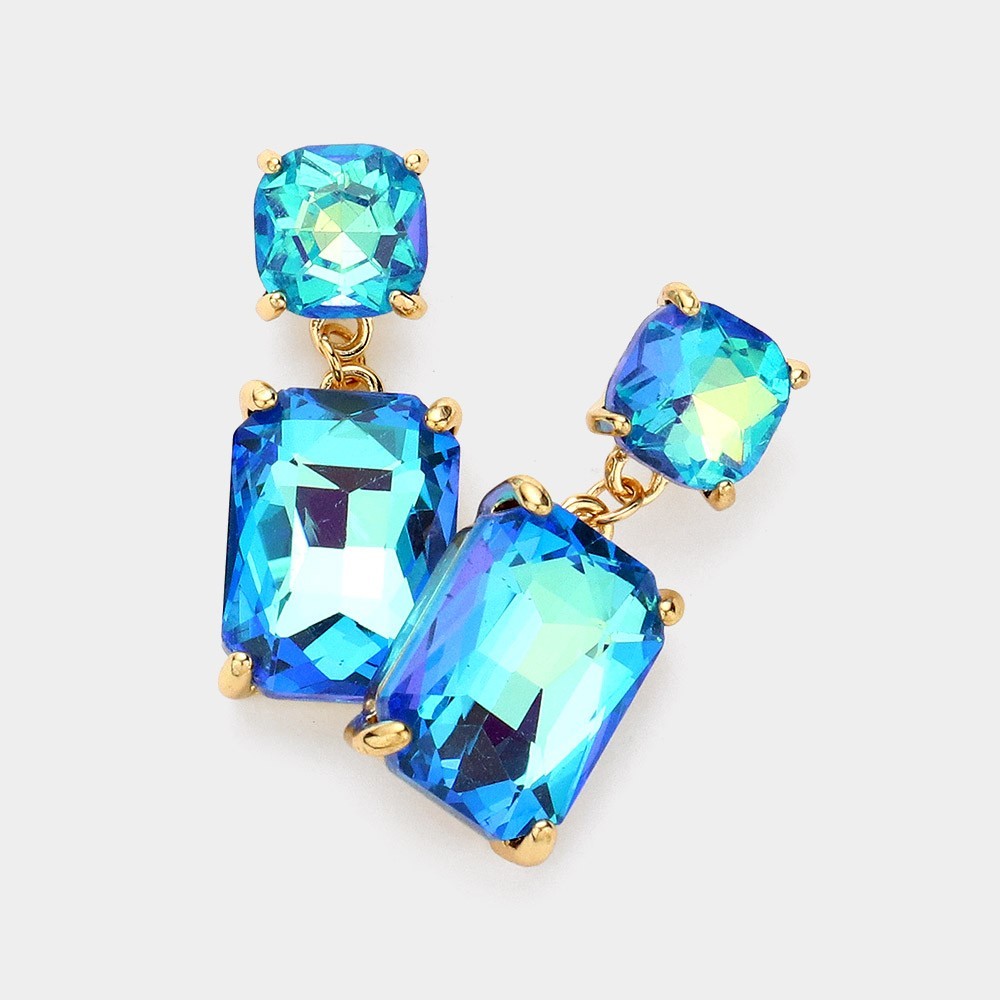 NEW Bright Iridescent Blue Crystal Glass Stone Emerald Cut Dangle Earrings