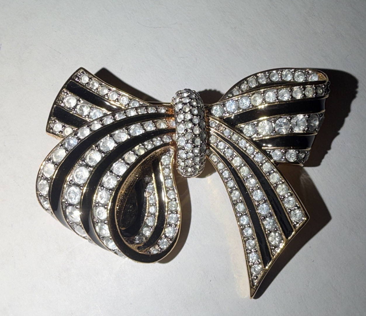 Gold Tone Bow Brooch Pin Pavé Set Round Clear Rhinestones Wedding