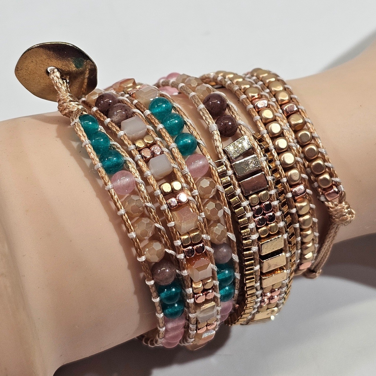 Free Spirit Beaded Wrap Bracelet Women OS Teal Pink Gold Tone Boho Multi-Strand
