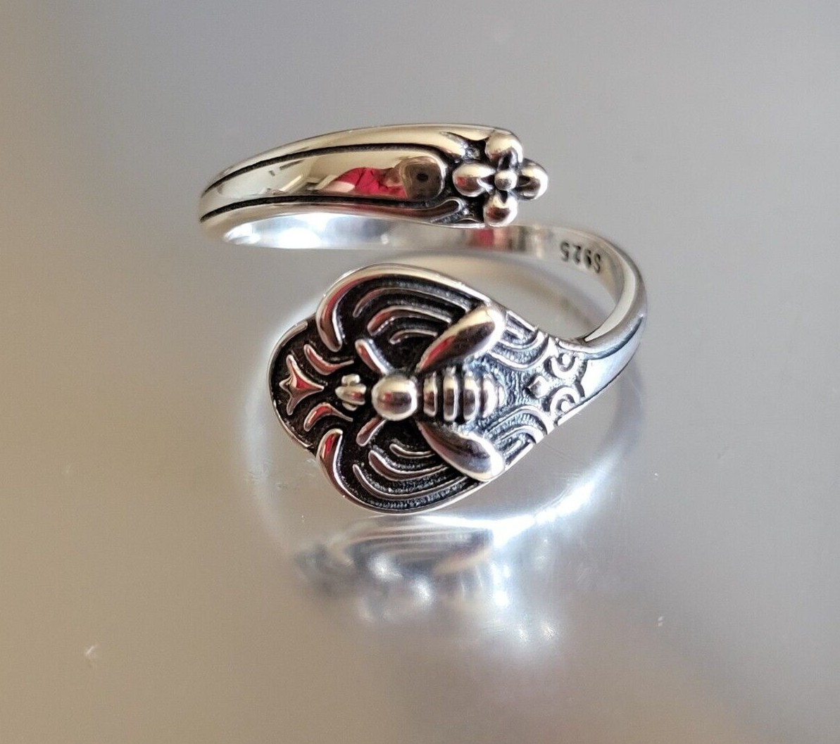 925 Sterling Silver Bumble Bee Spoon Ring Silver Garden Insect Boho Band