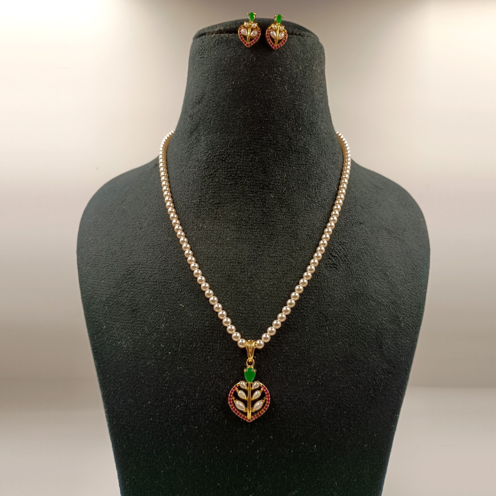 Vintage Pearl and Ruby Emerald 22k Gold Plated Premium Boho Choker