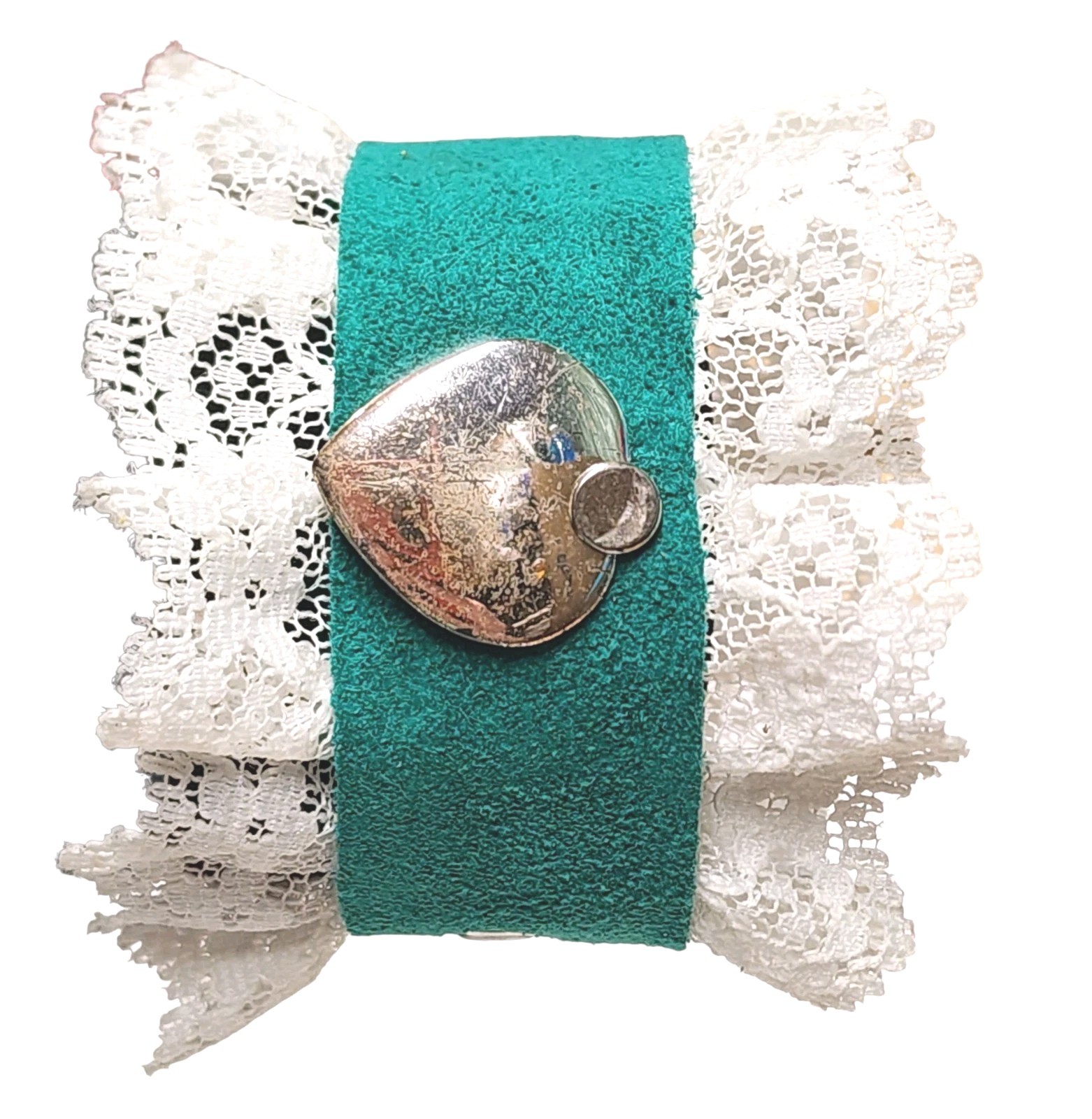 Handmade Teal Green Suede Leather White Lace Heart Charm Studs Cuff Bracelet New