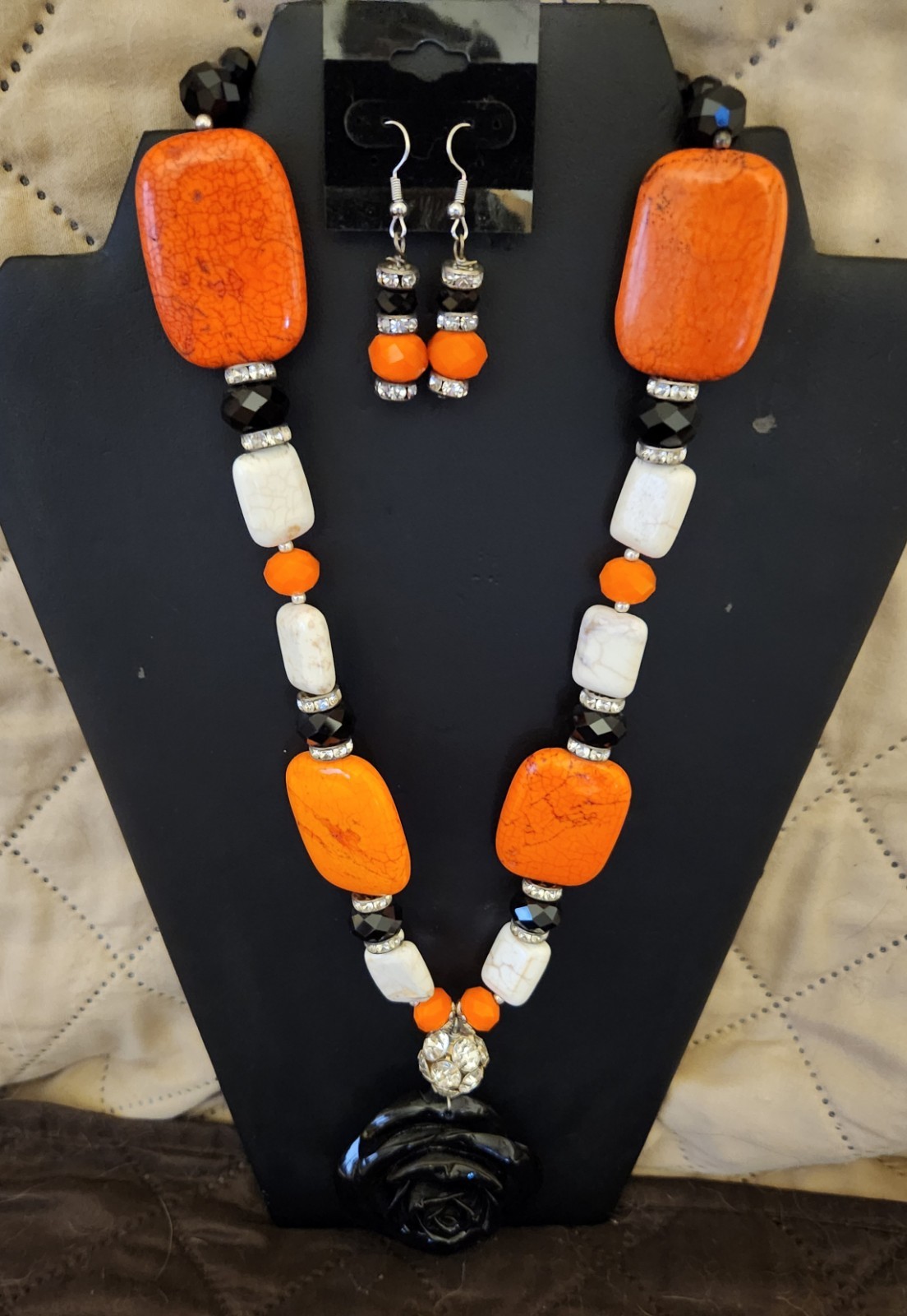 Women’s Orange White & Black Bead Necklace With Black Rose Pendant & Earrings