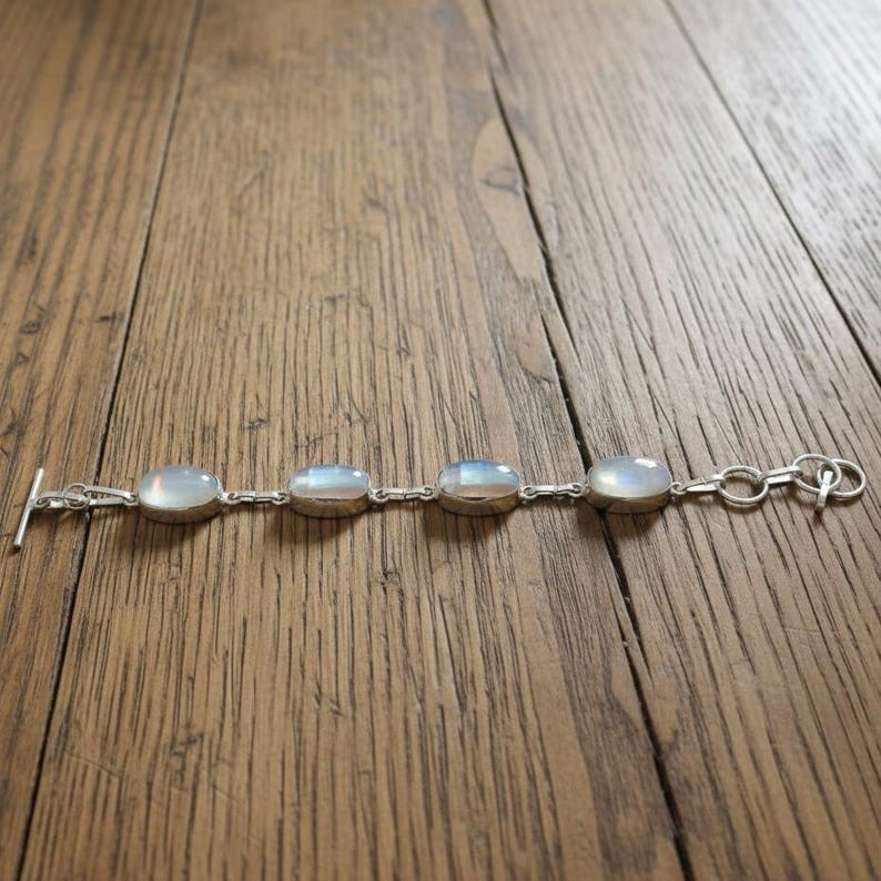 Rainbow Moonstone Link Bracelet for Women, Oval Cabochon Flashy Gemstones