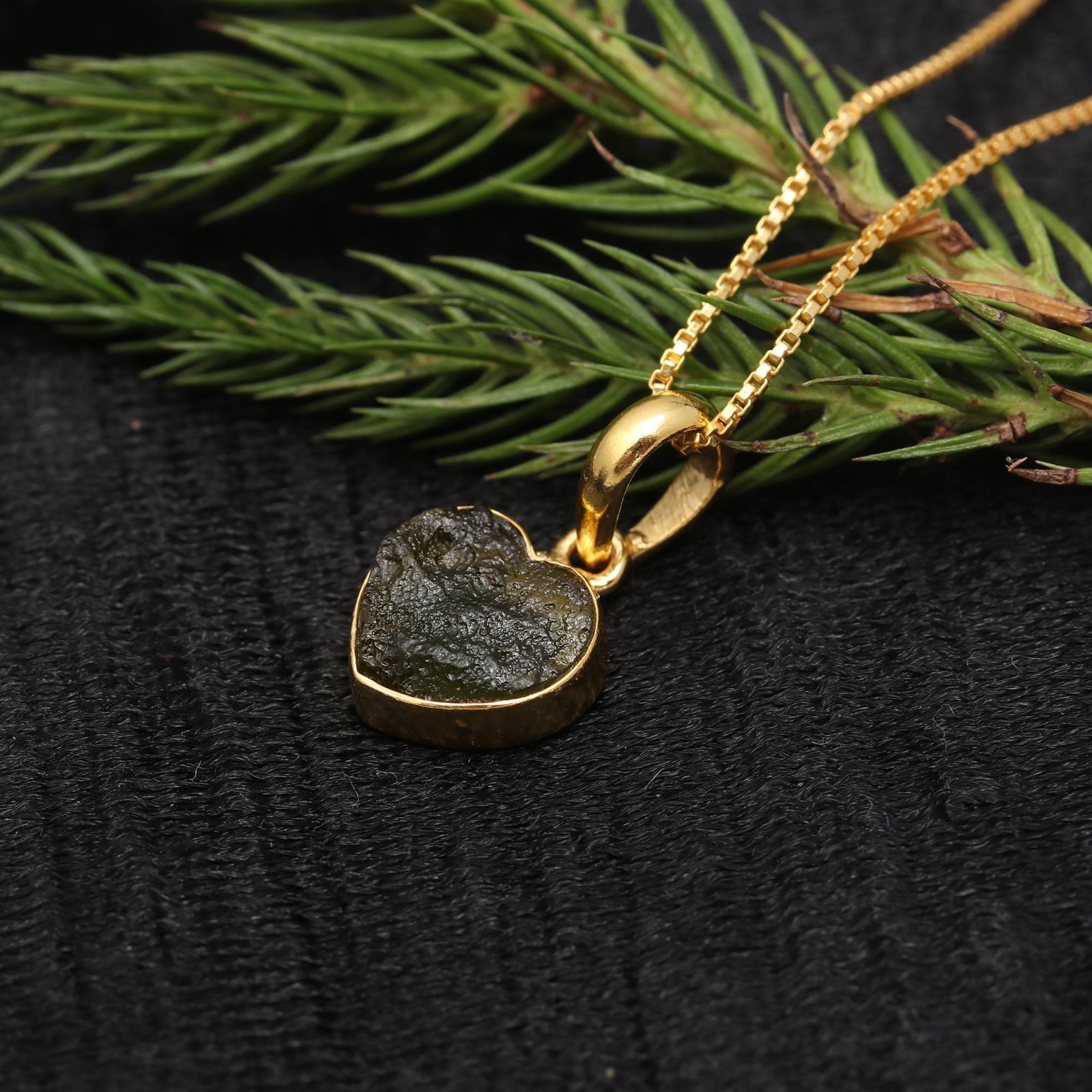 Raw Moldavite Heart Chain Pendant Gold Plated 925 Sterling Silver Unique Jewelry
