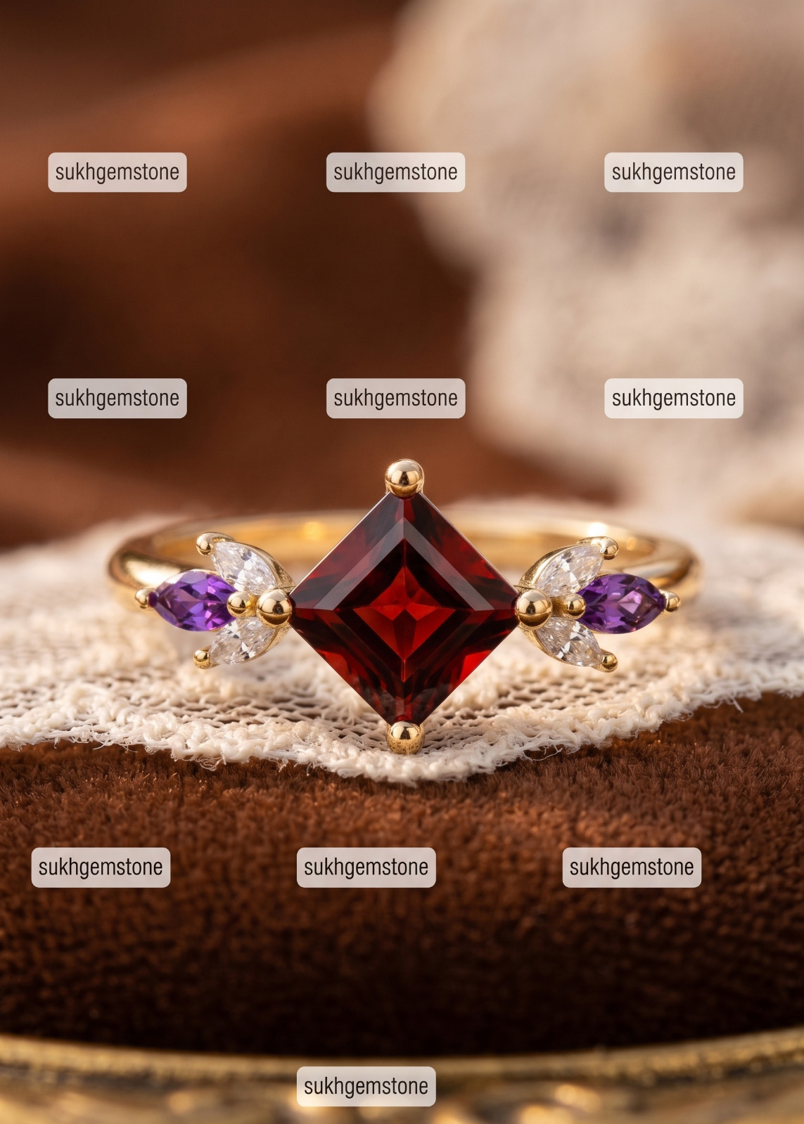 Red Garnet Ring, Brass Gold Alloy , Birthday Gift Her, Women Ring
