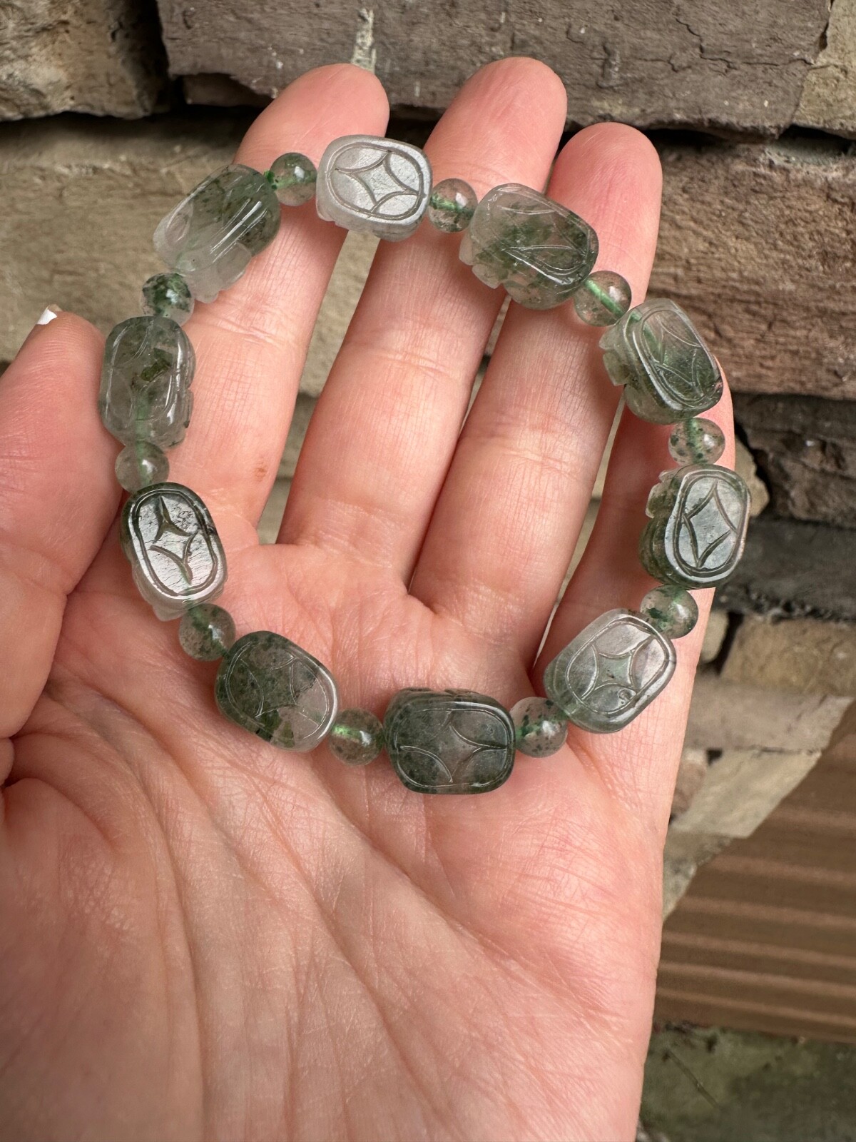 Moss Agate Bracelet Carved Pixiu Artisan Handcrafted