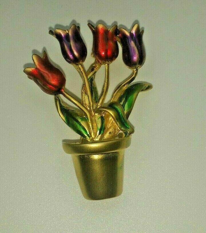 Brooch Four Tulips Red Purple Green Golden Pin