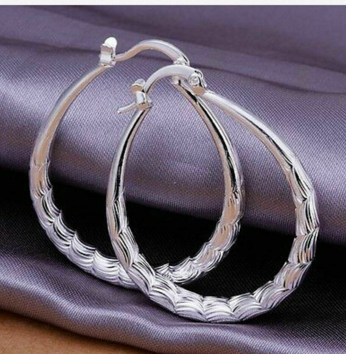 Women’s Silver Plated Oval Etched Hoop Pierced 1-1.5 Inch Earrings