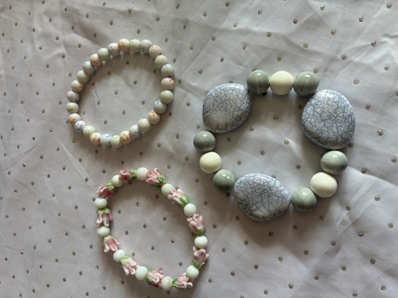 3 x Glass & Plastic Beaded Bracelets – Handmade – Pale Pink, Grey & White
