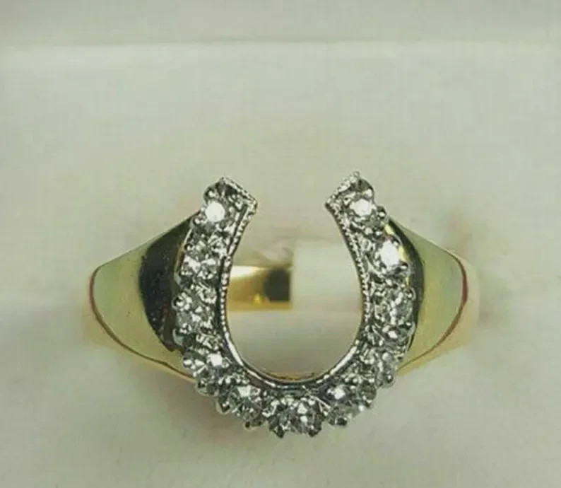 Lucky Horseshoe Ring Gold Tone CZ Crystal Western Equestrian Ring for Women US
