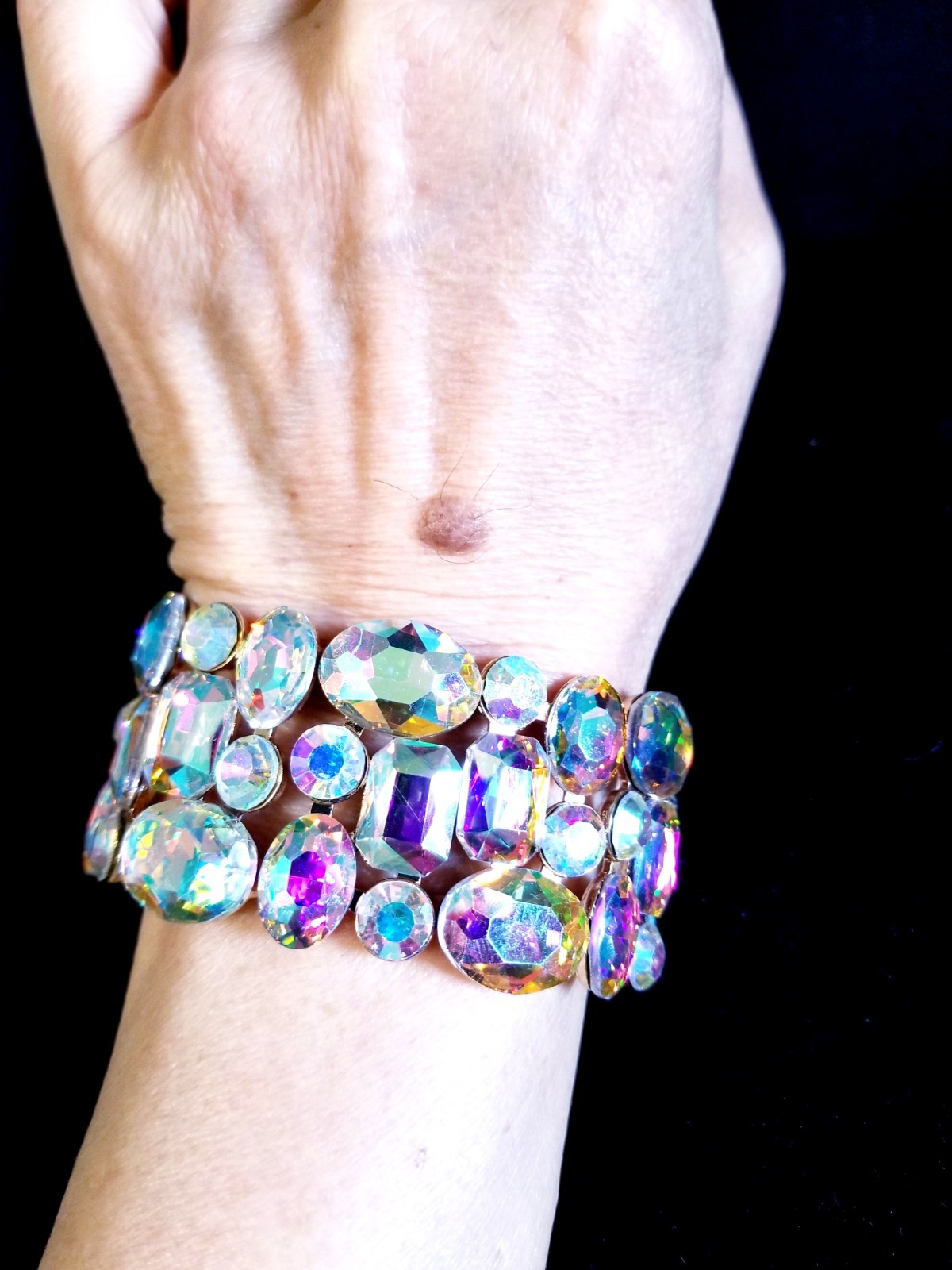 Iridescent Gold Rhinestone Stretch Bracelet Statement Drag Pageant Prom Bridal