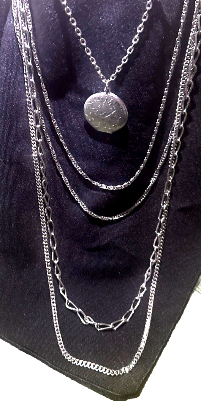 Silver Layered Necklace 5 Chain With Locket Pendant and Large Safety Clasp 34″