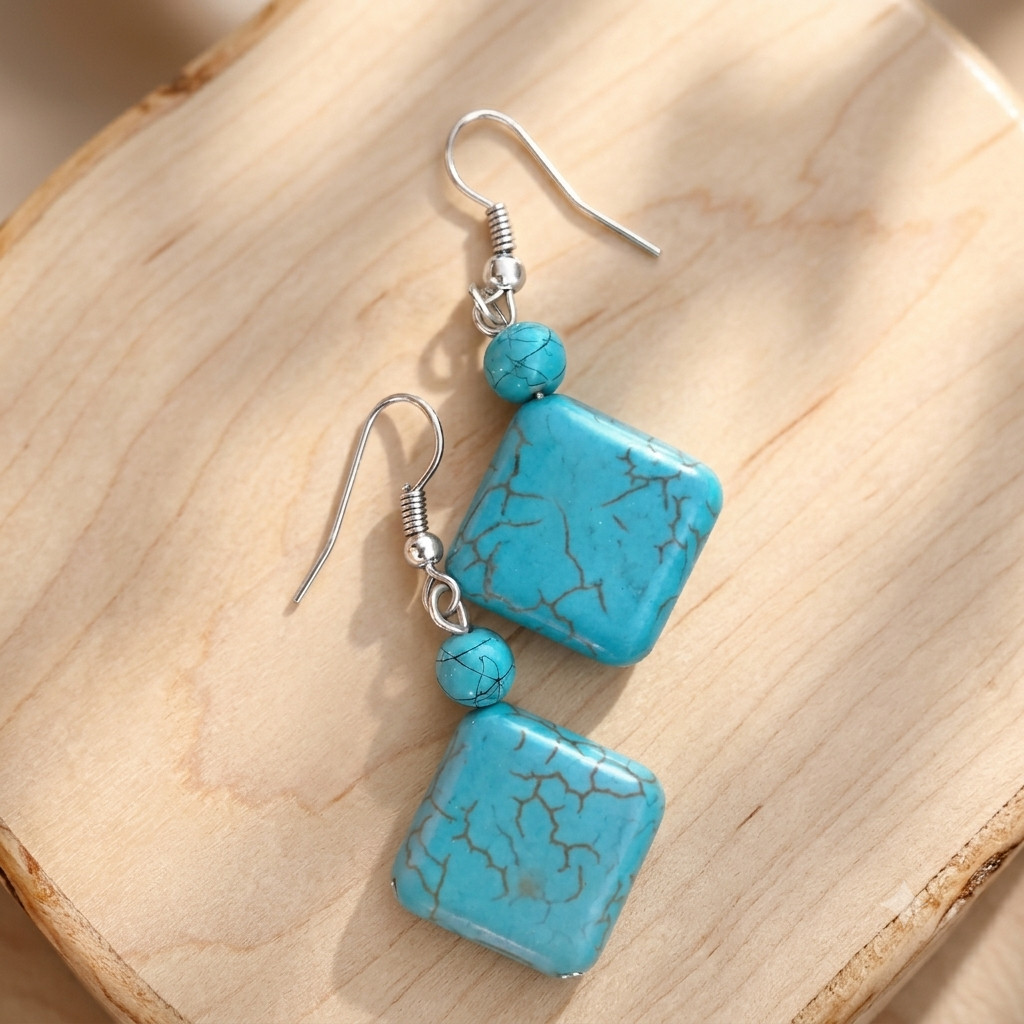Women’s square turquoise earrings, stainless steel hooks synthetic stone, boho