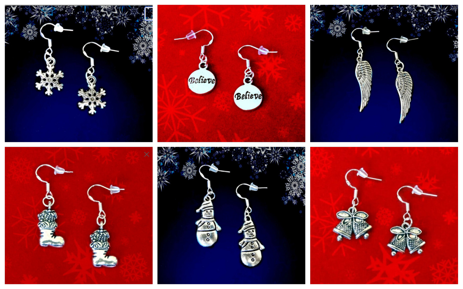 LOT OF 6~CHRISTMAS SILVER DANGLE EARRINGS~SNOWFLAKE SANTA SNOWMAN~GIFT FOR HER