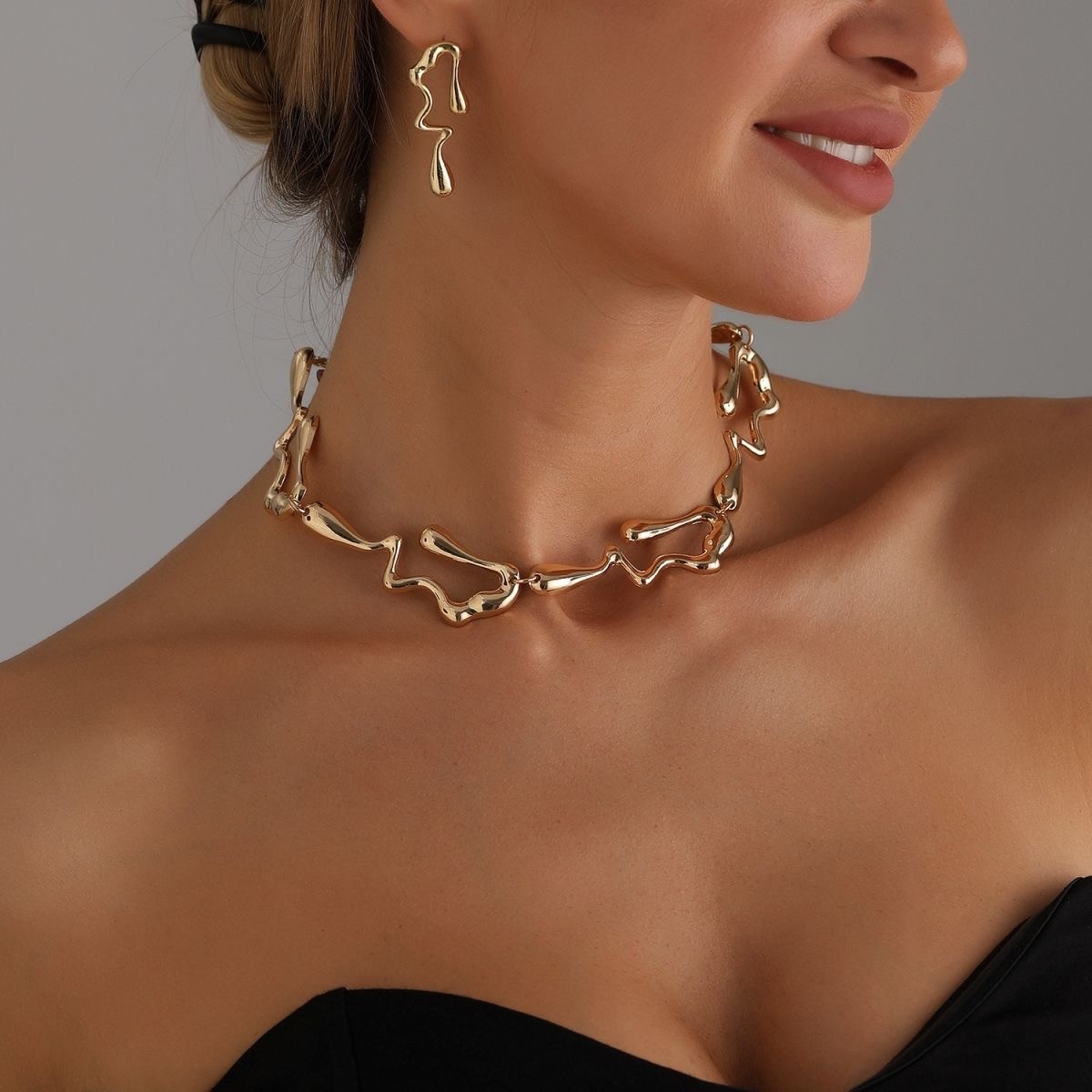 Gold Plated Abstract Drip Choker & Earring Set, Modern Statement Jewelry