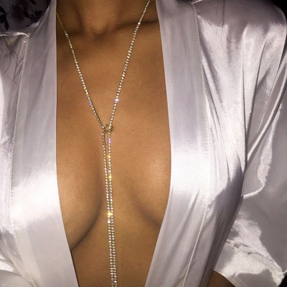 Rhinestone Necklace Lariat Chain Wrap Around Convertible Bling Silver 50in Long